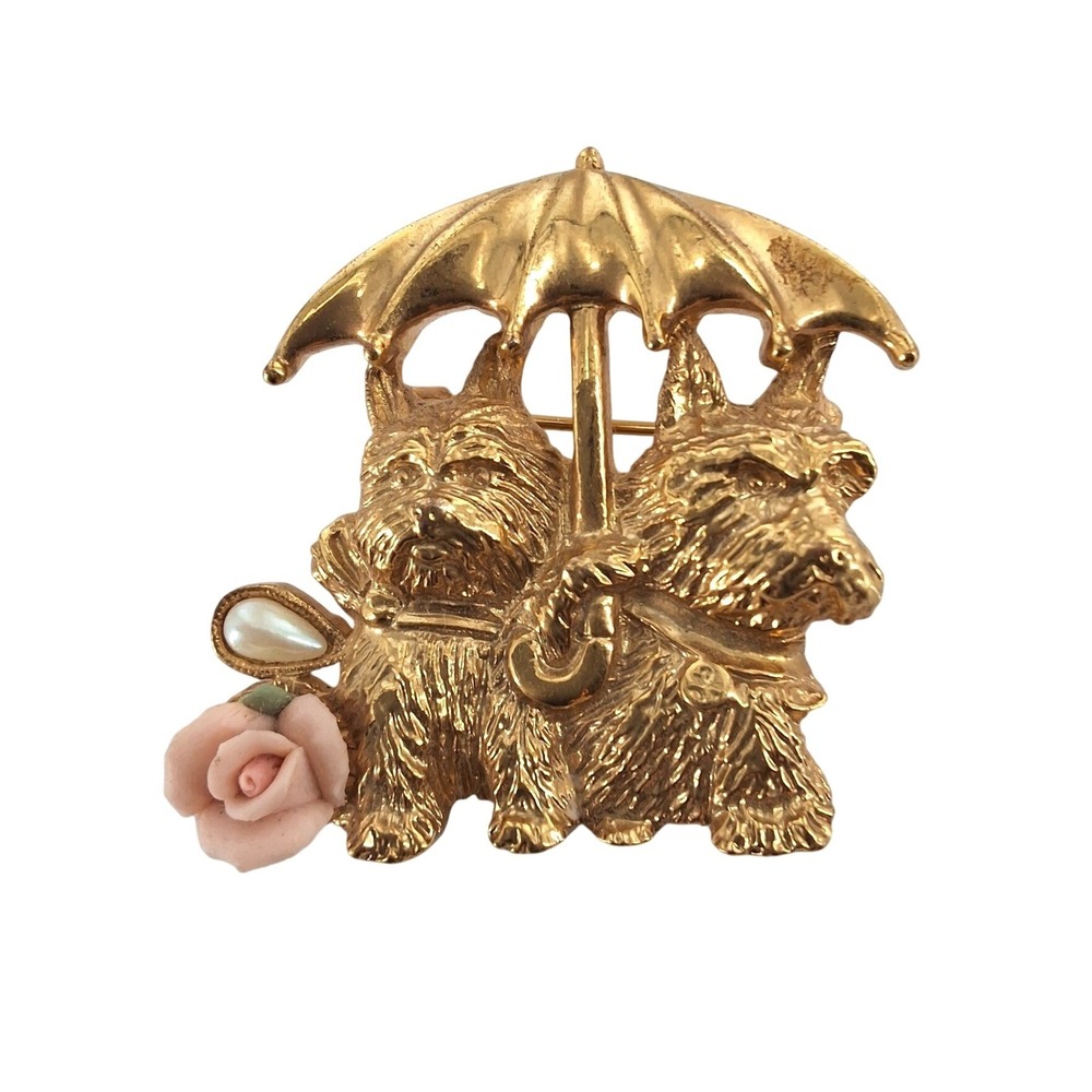 1928 Jewelry Yorkies in Rain Gold Tone Brooch Pink Porcelain Rose Faux Pearl